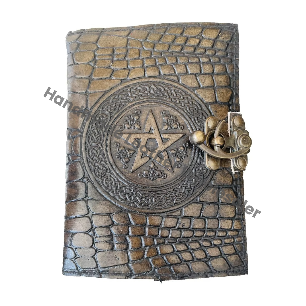 Leather Pentagram Women Vintage Book Shadows Magic Spell Wiccan Crocodile Print Deckle Old Pages Journal Celtic Blank Gift Paper