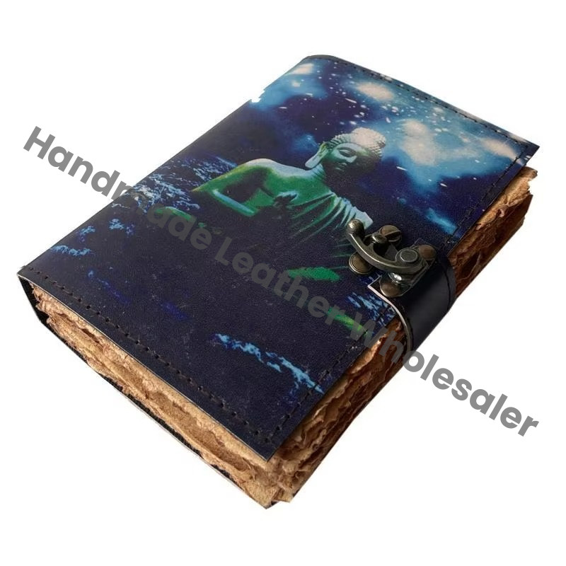 Leather Printed Handmade Buddha Design Vintage Deckle Edge Hardcover Journal Notebook Spiral Binding Customized Gift