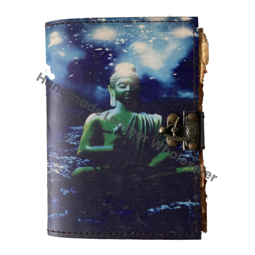 Leather Printed Handmade Buddha Design Vintage Deckle Edge Hardcover Journal Notebook Spiral Binding Customized Gift