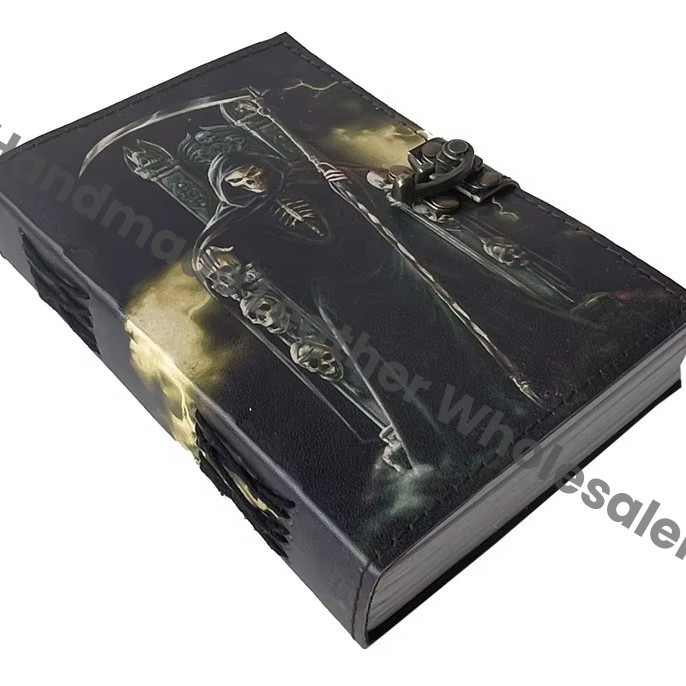 Leather Printed Journal Notebook Handmade Day of Dead Reaper Print Design Eco-friendly Paper Journals for Men Women Gift