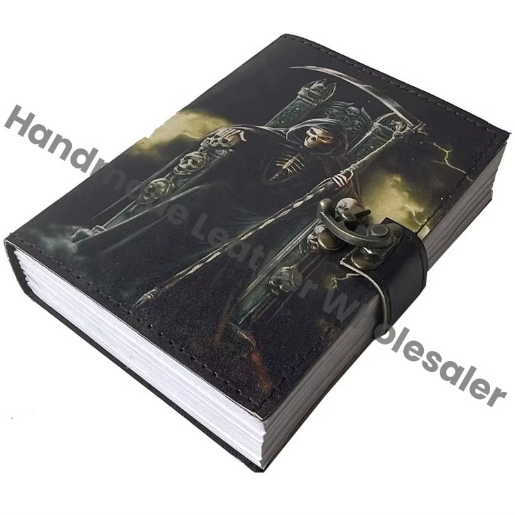 Leather Printed Journal Notebook Handmade Day of Dead Reaper Print Design Eco-friendly Paper Journals for Men Women Gift