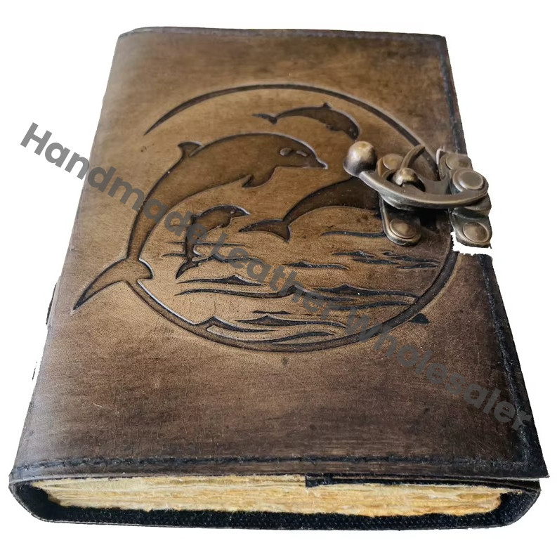 Leather Spiral Bound Journal Handmade Dolphin Embossed Antique Design Genuine Paper Spell Wiccan Gift Book