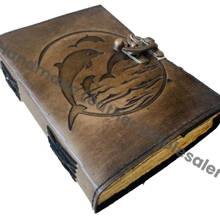 Leather Spiral Bound Journal Handmade Dolphin Embossed Antique Design Genuine Paper Spell Wiccan Gift Book