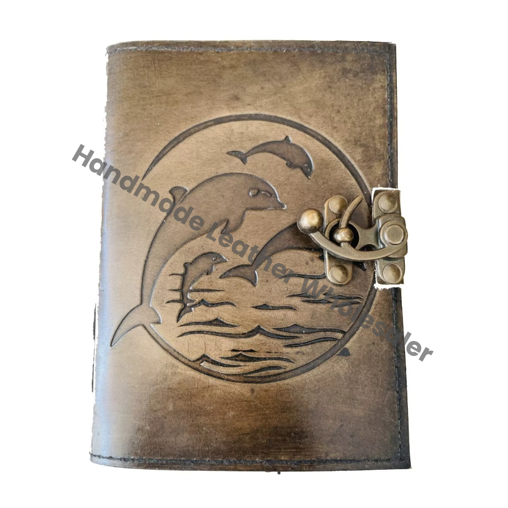 Leather Spiral Bound Journal Handmade Dolphin Embossed Antique Design Genuine Paper Spell Wiccan Gift Book