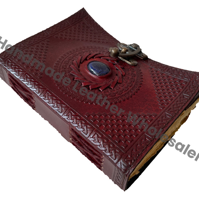 Leather Stone Journal Semi-Precious Lapis Lock Closure Sheets Handmade Deckle Edge Paper Blank Planner Travel Notebook Gift