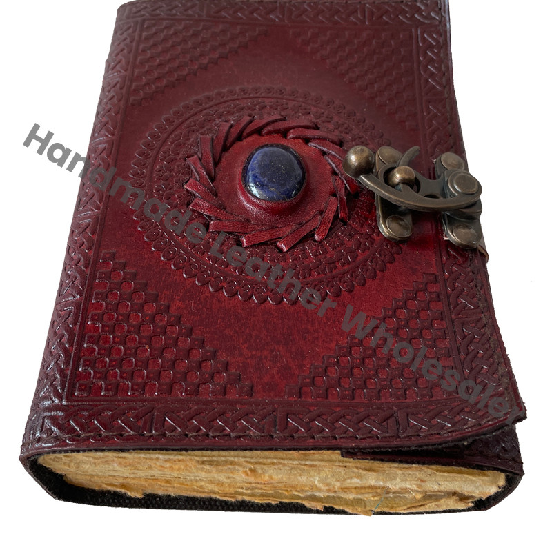 Leather Stone Journal Semi-Precious Lapis Lock Closure Sheets Handmade Deckle Edge Paper Blank Planner Travel Notebook Gift