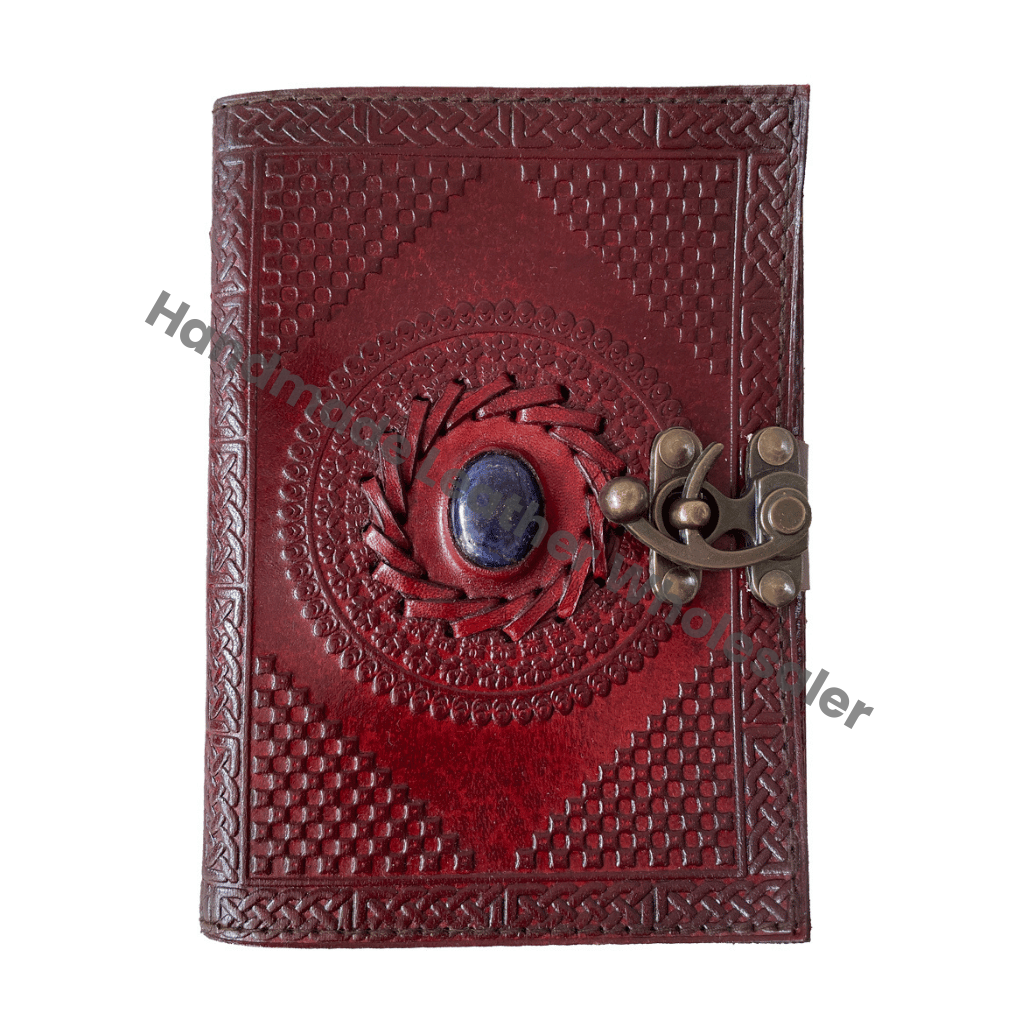 Leather Stone Journal Semi-Precious Lapis Lock Closure Sheets Handmade Deckle Edge Paper Blank Planner Travel Notebook Gift