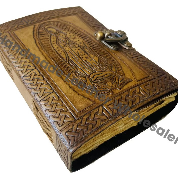Leather Writing Journal Embossed Hardcover Notebook to Write in for Boy Girls Men Unlined Unruled Charcoal Deckle Paper Diary