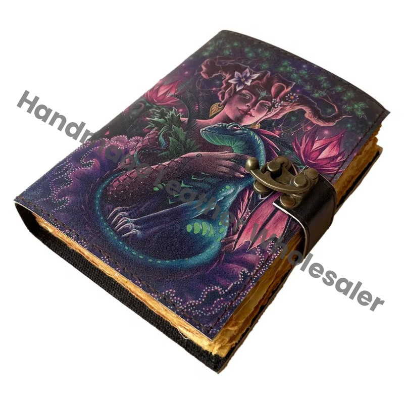 Lizard Women Handmade Leather Hardcover Eco-friendly Printed Journal Retro Collage Poster Design Deckle Vintage Paper Gift