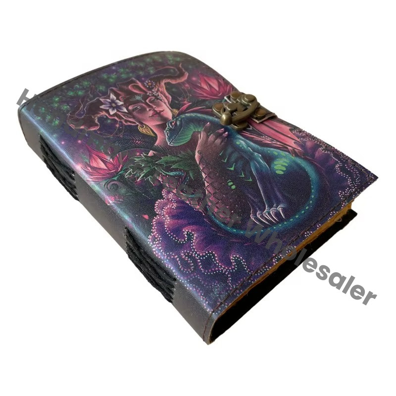 Lizard Women Handmade Leather Hardcover Eco-friendly Printed Journal Retro Collage Poster Design Deckle Vintage Paper Gift