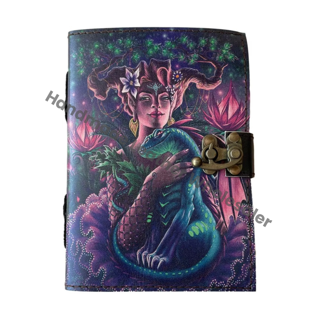 Lizard Women Handmade Leather Hardcover Eco-friendly Printed Journal Retro Collage Poster Design Deckle Vintage Paper Gift