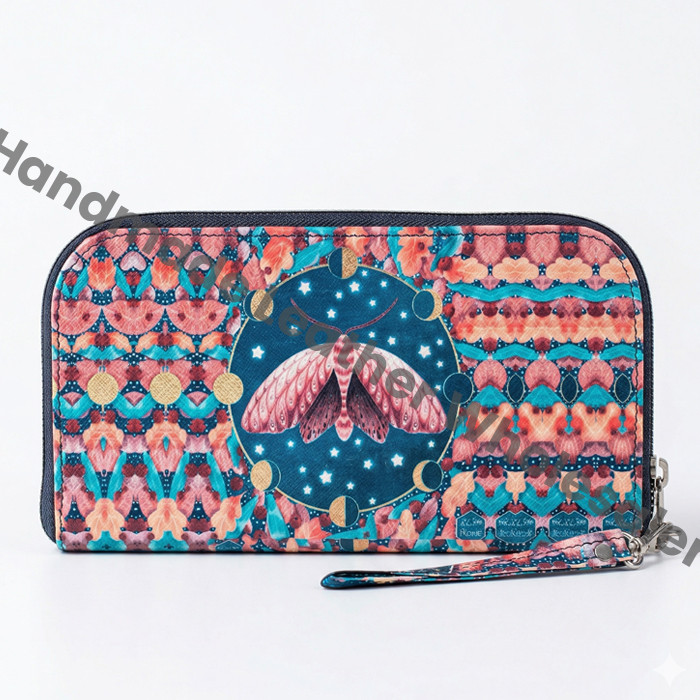 Luna Moth Leather Clutch Wallet – Boho Moon Phases Wristlet, Handmade Zip Wallet, Colorful Festival Purse, Artist-Designed Gift for Women