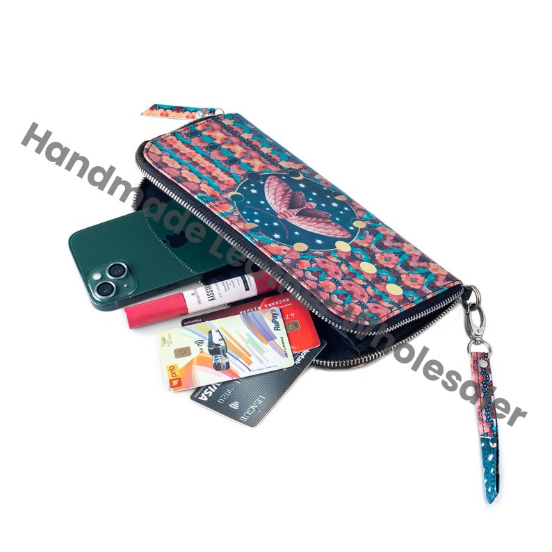 Luna Moth Leather Clutch Wallet – Boho Moon Phases Wristlet, Handmade Zip Wallet, Colorful Festival Purse, Artist-Designed Gift for Women