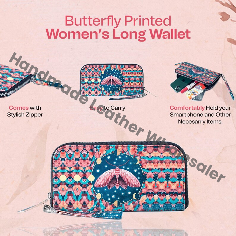 Luna Moth Leather Clutch Wallet – Boho Moon Phases Wristlet, Handmade Zip Wallet, Colorful Festival Purse, Artist-Designed Gift for Women