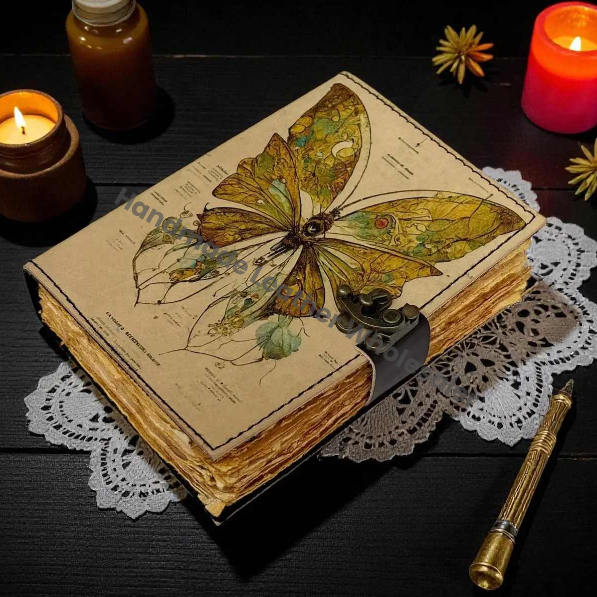 Luna Moth Leather Grimoire Journal – Witchcraft Book of Shadows | Celestial Wiccan Spellbook, Gothic Pagan Witchy