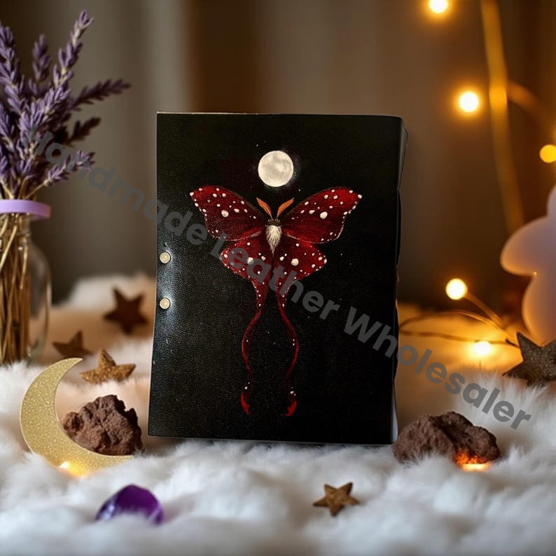 Luna Moth Leather Journal – Blank Book of Shadows, Spell Book, Witchcraft Grimoire, Wiccan Pagan Gothic Witchy Magic Gift