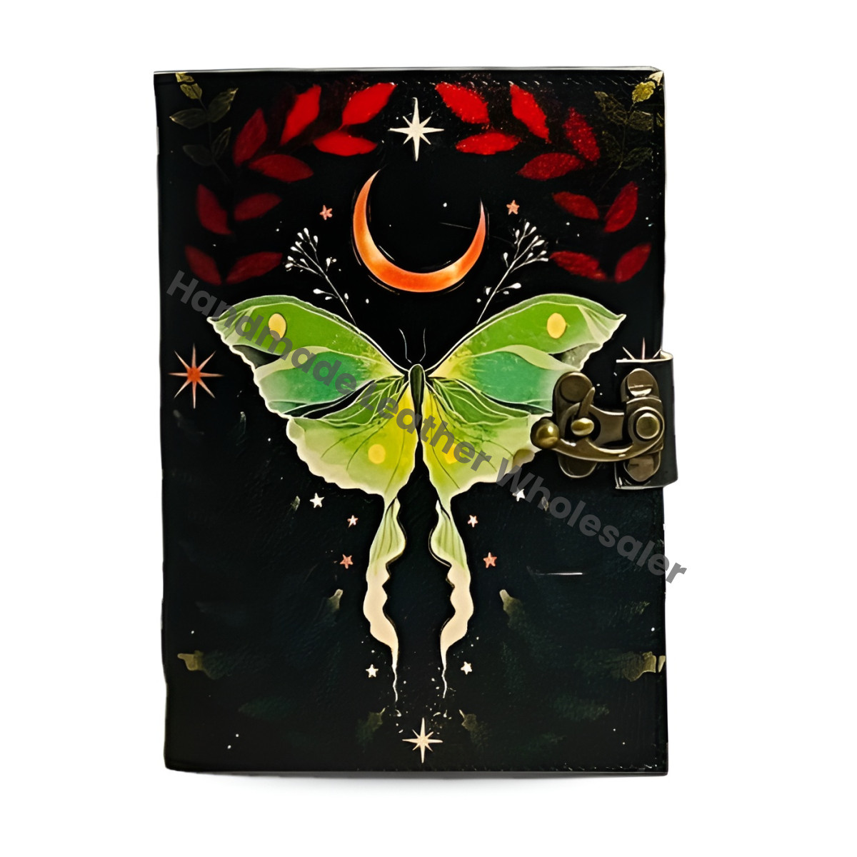 Luna Moth Leather Journal – Blank Spell Book of Shadows, Antique Pages, Vintage Witchcraft Grimoire, Wiccan Pagan Gothic Witchy Gift