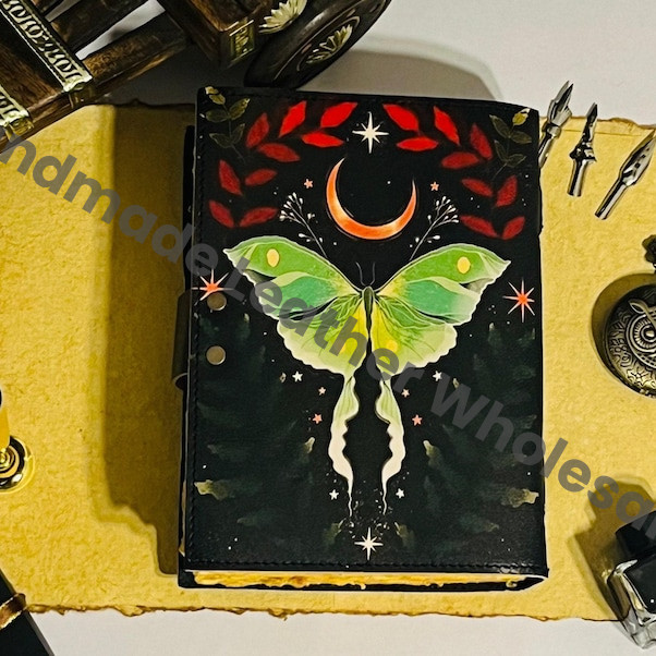 Luna Moth Leather Journal – Blank Spell Book of Shadows, Antique Pages, Vintage Witchcraft Grimoire, Wiccan Pagan Gothic Witchy Gift