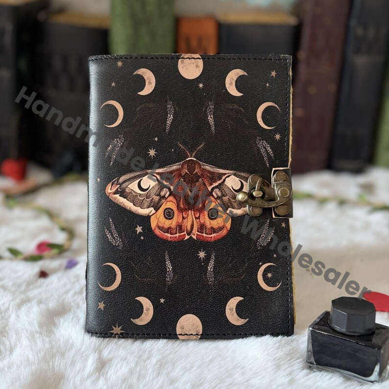 Luna Moth Leather Journal – Blank Spell Book of Shadows, Witchcraft Grimoire, Vintage Wiccan Pagan Gothic Witchy Gift