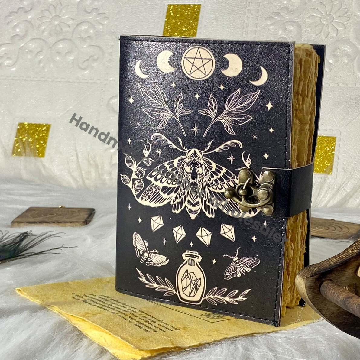 Luna Moth Leather Journal: Blank Spell Book of Shadows, Witchcraft Supplies
