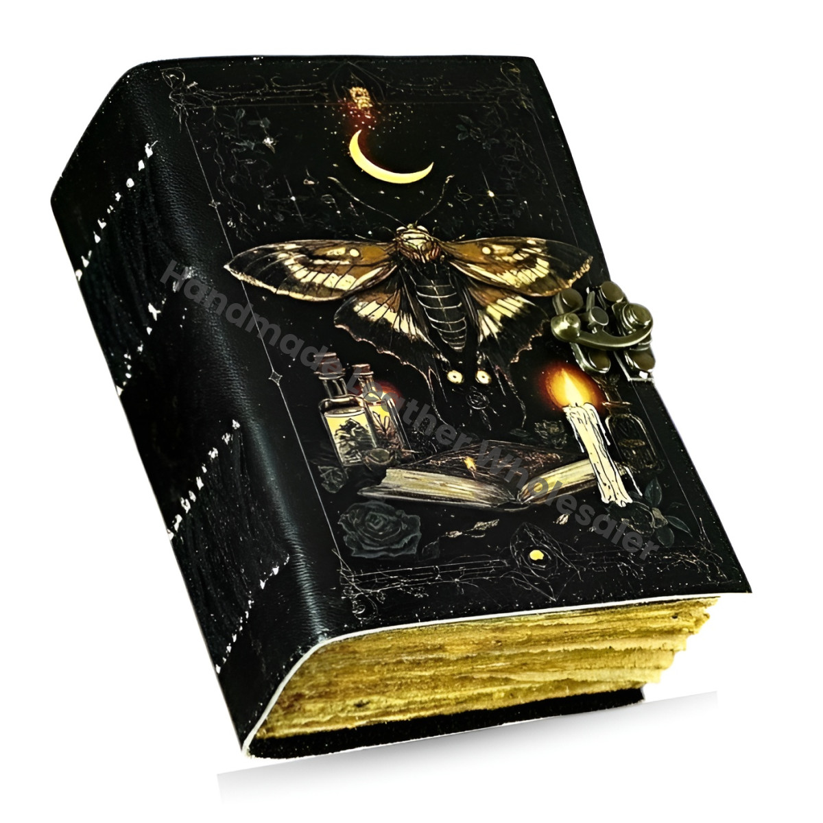 Luna Moth Leather Journal: Blank Spell Book with Vintage Lock Handmade Deckle Edge Spell Book, Grimoire Sketchbook