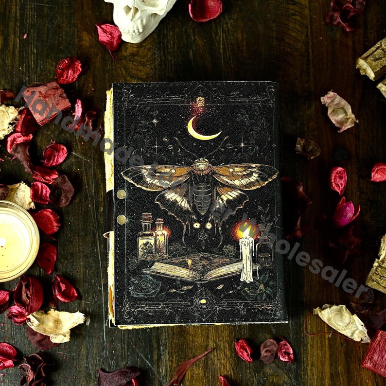 Luna Moth Leather Journal: Blank Spell Book with Vintage Lock Handmade Deckle Edge Spell Book, Grimoire Sketchbook