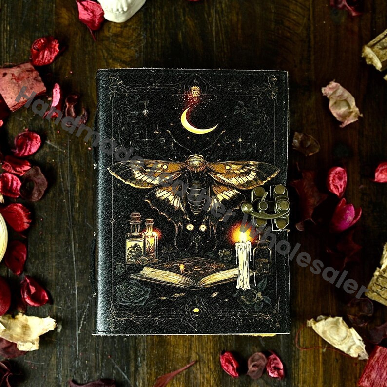 Luna Moth Leather Journal: Blank Spell Book with Vintage Lock Handmade Deckle Edge Spell Book, Grimoire Sketchbook
