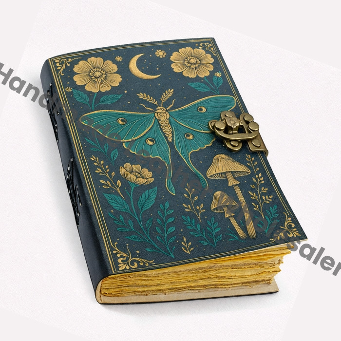 Luna Moth Leather Journal – Handmade Embossed Notebook with Lock, Moon & Botanical Design, Vintage Sketchbook for Writing, Drawing Gifts.