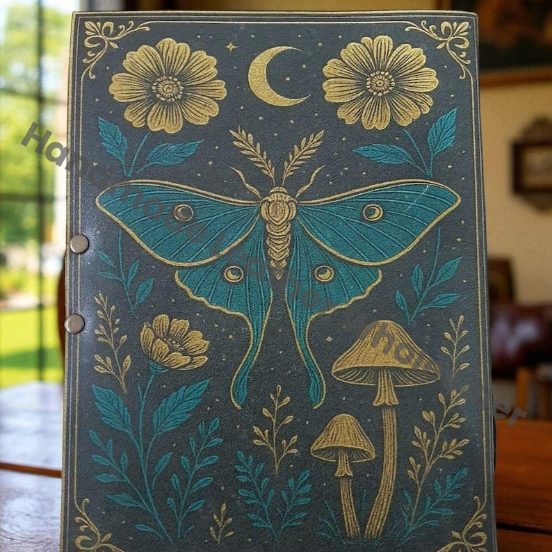 Luna Moth Leather Journal – Handmade Embossed Notebook with Lock, Moon & Botanical Design, Vintage Sketchbook for Writing, Drawing Gifts.