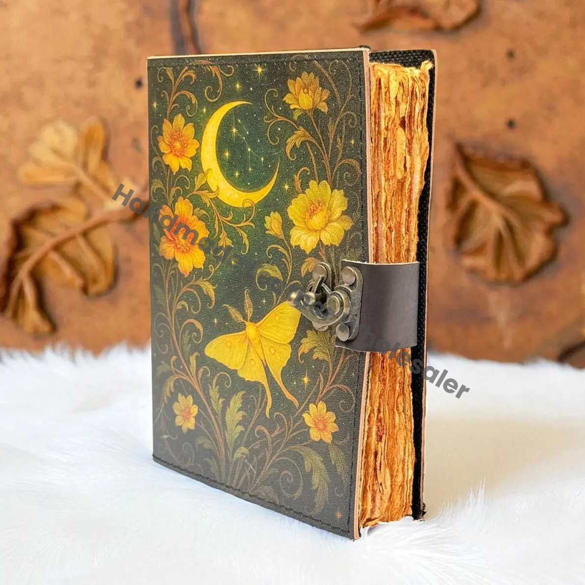 Luna Moth Leather Journal: Vintage Flower Forest Grimoire Handmade Book of Shadows, Spell book Wiccan Pagan Gothic Magic Diary