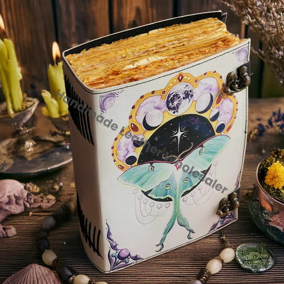 Luna Moth Leather Journal, Vintage Writing Grimoire, Book of Shadows
