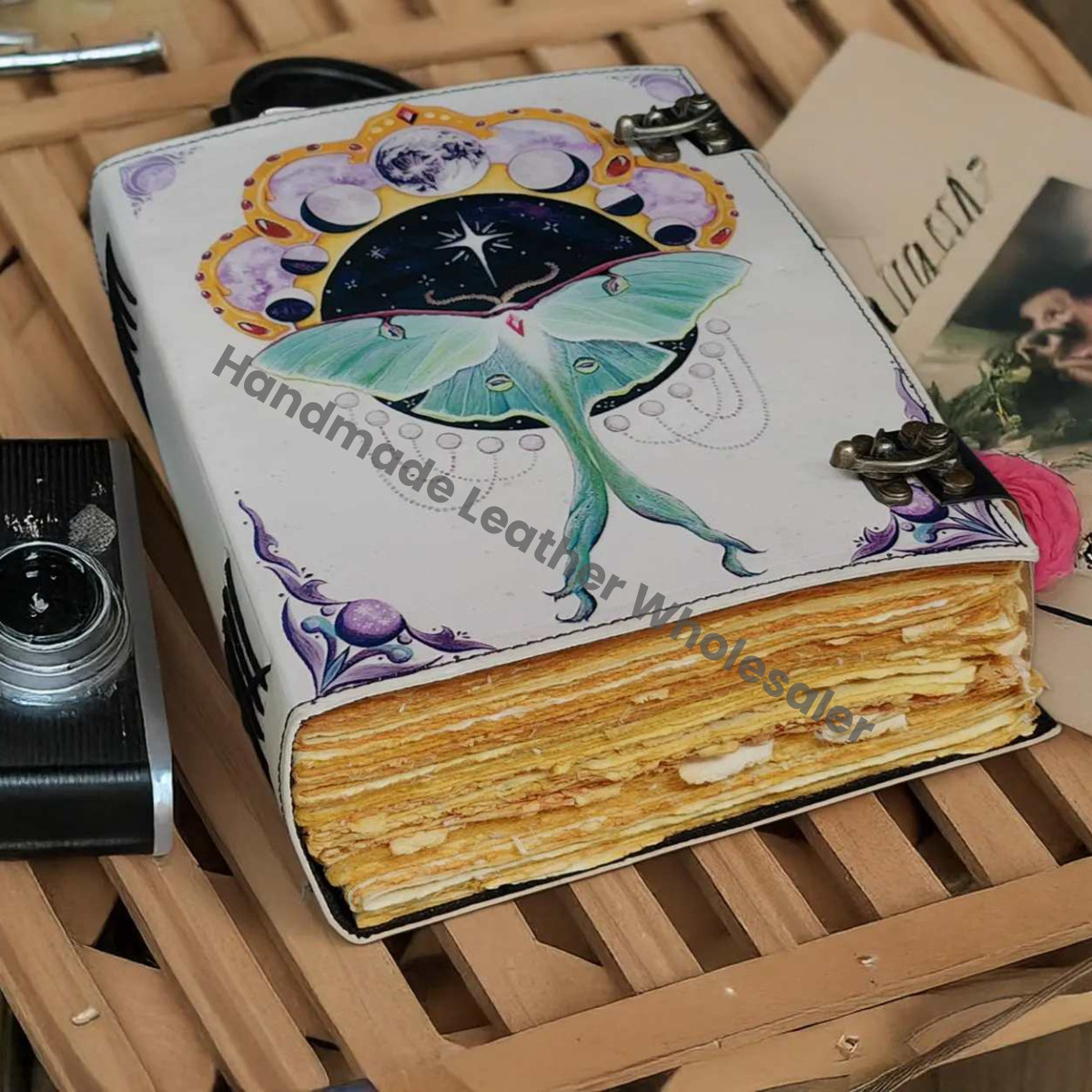Luna Moth Leather Journal, Vintage Writing Grimoire, Book of Shadows
