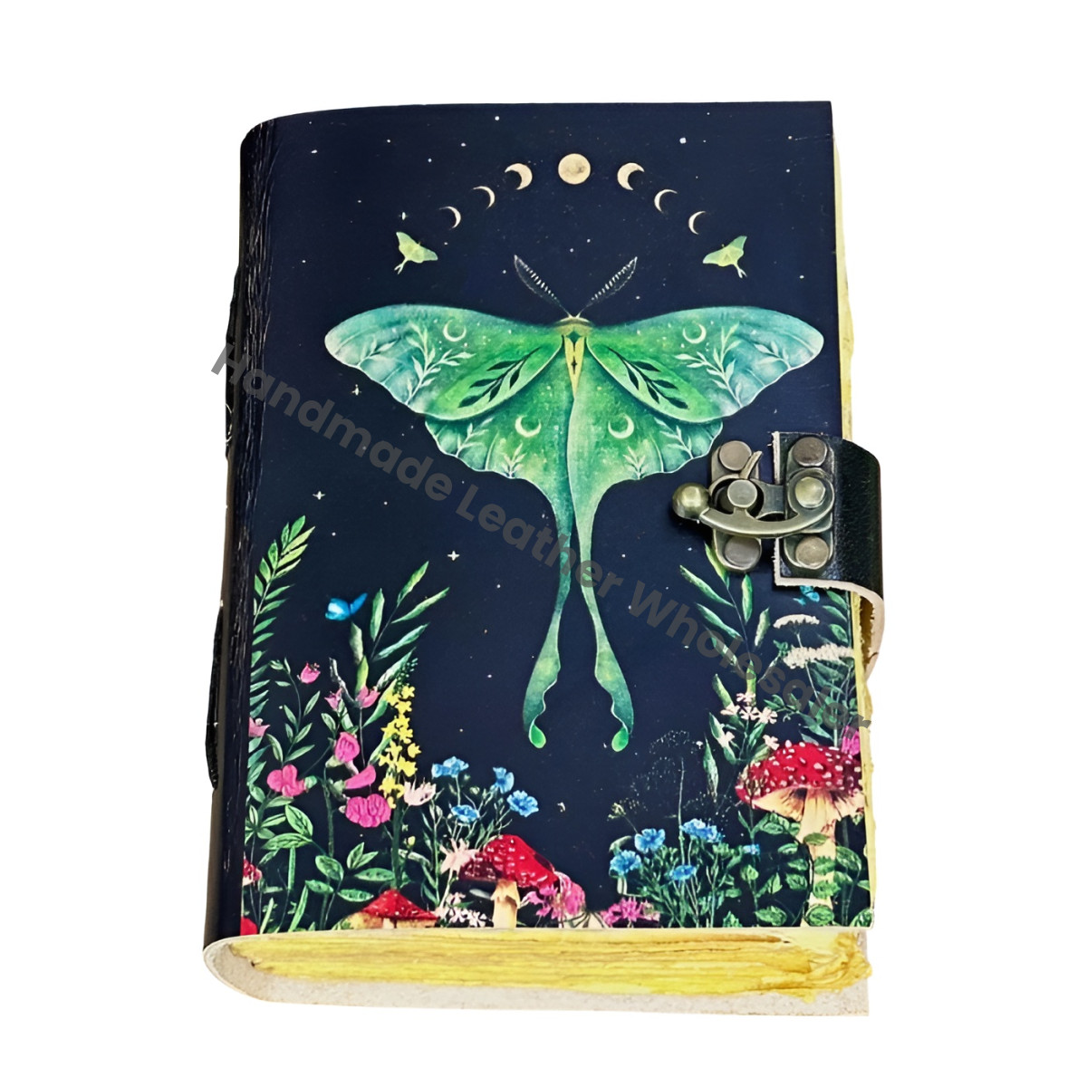Luna Moth Leather Journal with Lock - Blank Book of Shadows