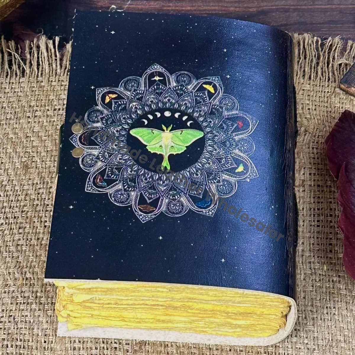 Luna Moth Leather Journal with Lock - Blank Book of Shadows