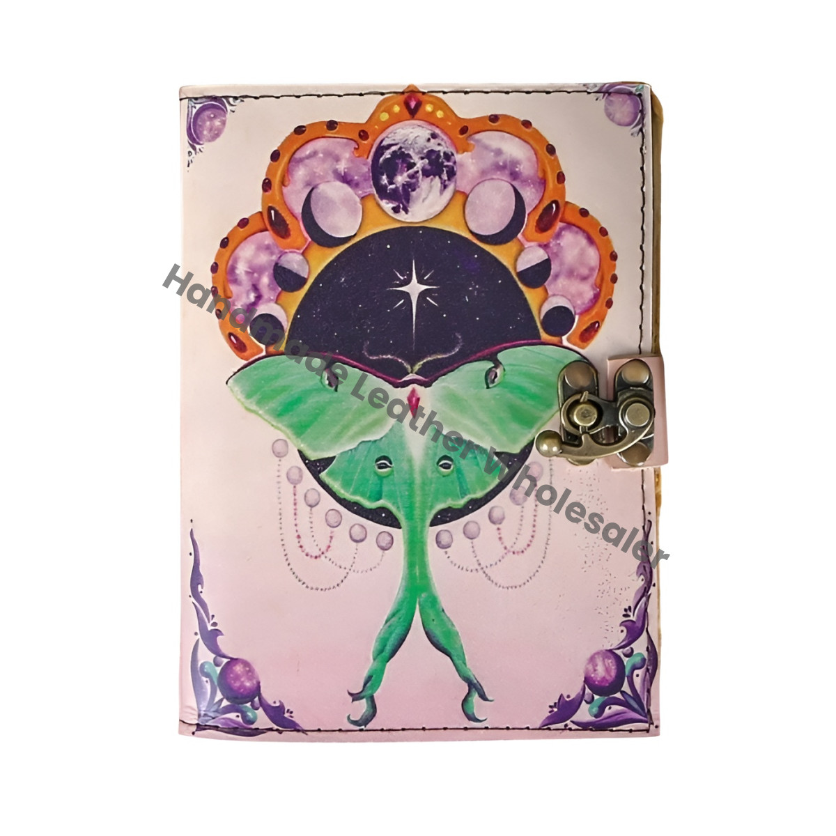 Luna Moth Leather Journal with Lock, Blank Spell Book
