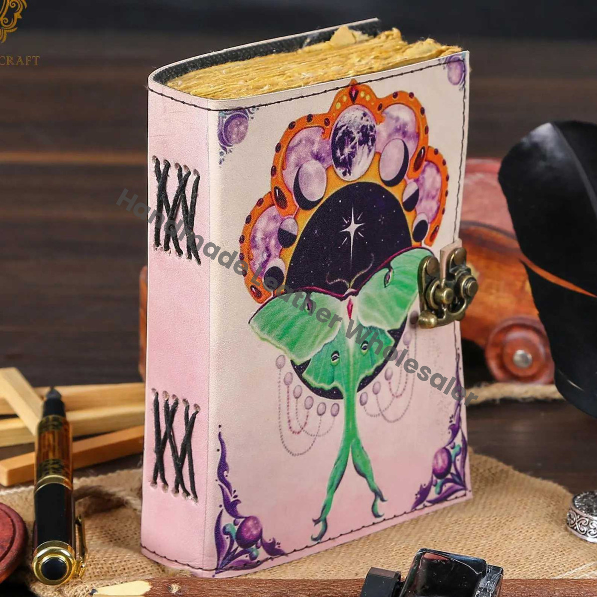 Luna Moth Leather Journal with Lock, Blank Spell Book