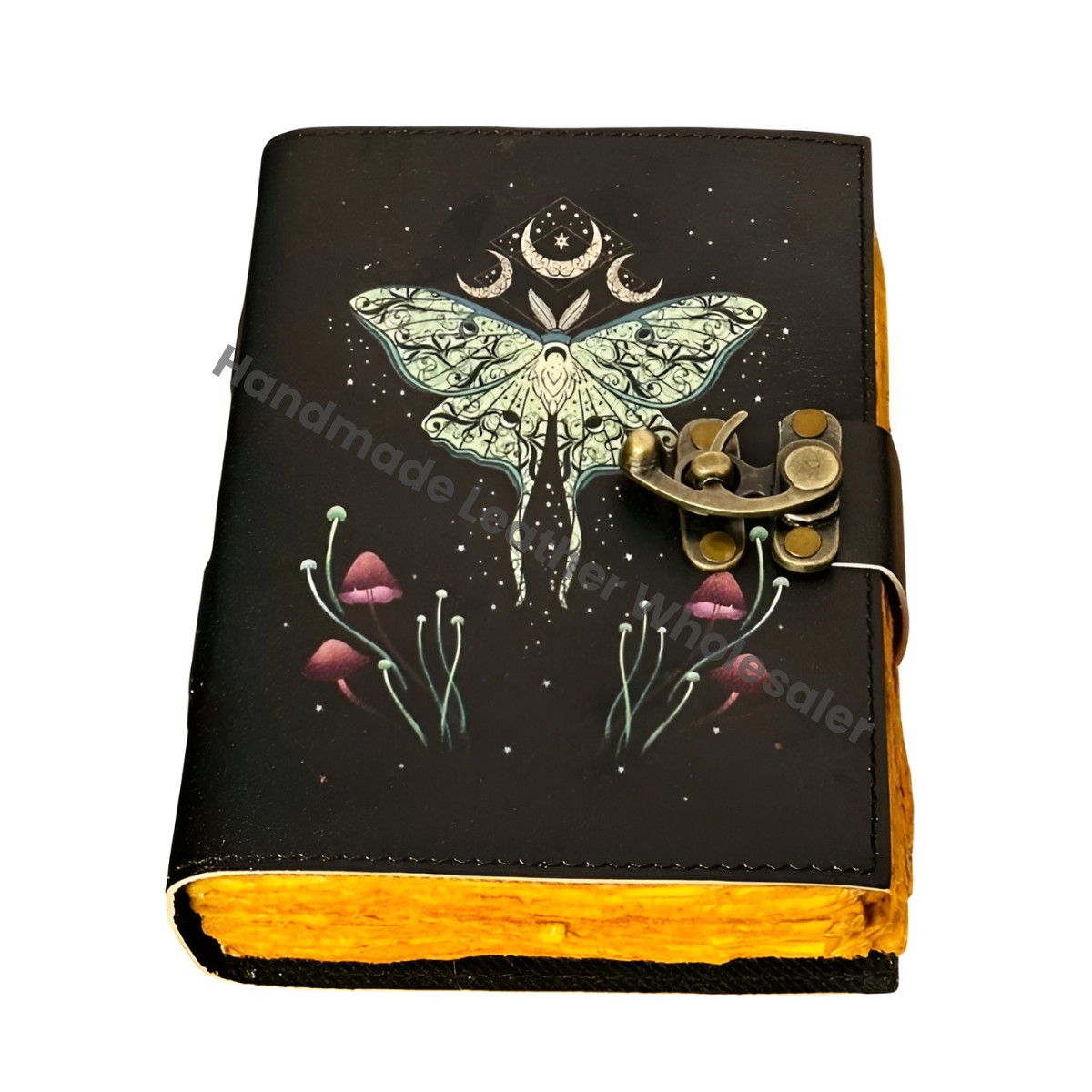 Luna Moth Leather Journal with Lock, Butterfly Print Spell Book