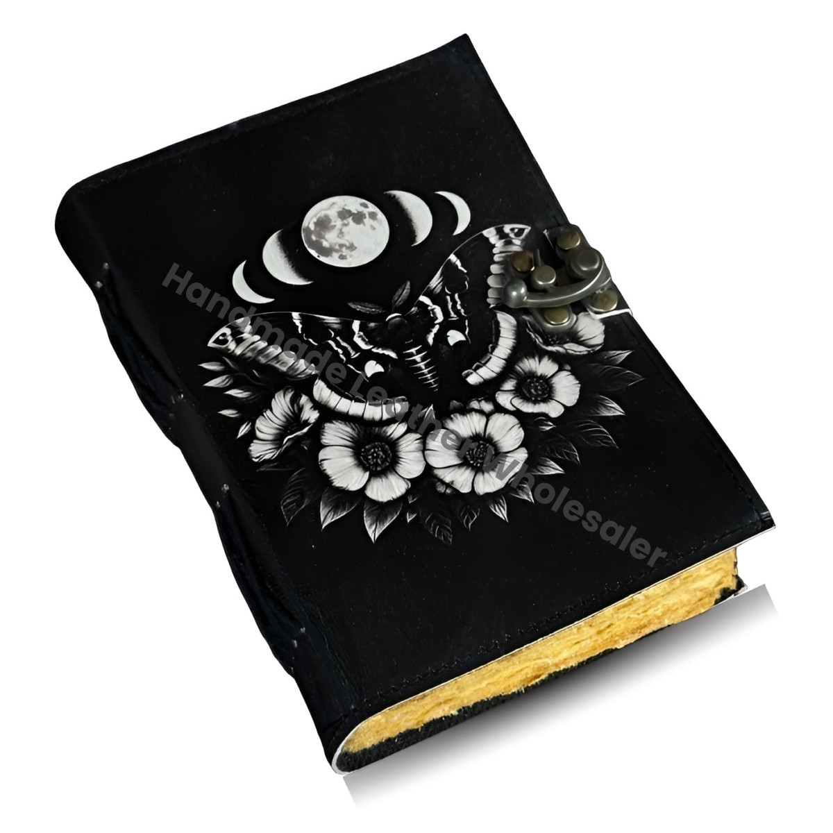 Luna Moth Leather Journal with Lock: Handmade Writing Notebook 400 Page Handmade Book of Shadows, Large Book Spell book