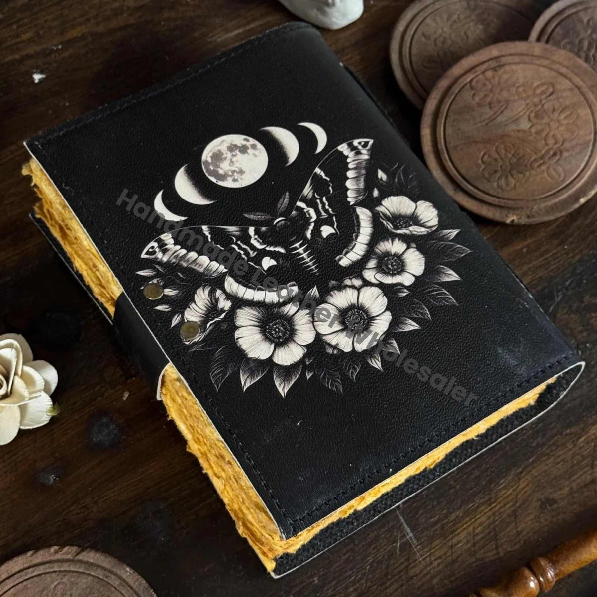 Luna Moth Leather Journal with Lock: Handmade Writing Notebook 400 Page Handmade Book of Shadows, Large Book Spell book