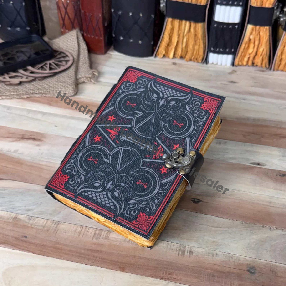 Luna Moth Leather Spell Book: Vintage Lock Journal, Deckle Edge Paper