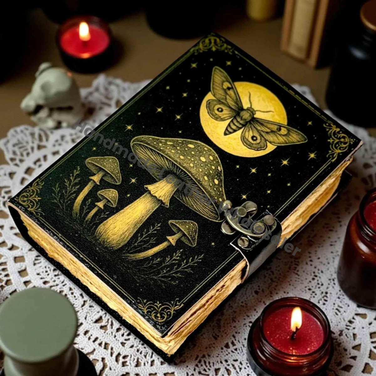 Luna Moth Mushroom Leather Vintage Moon Forest Grimoire Handmade Book of Shadows, Spell book Wiccan Pagan Gothic Magic Diary