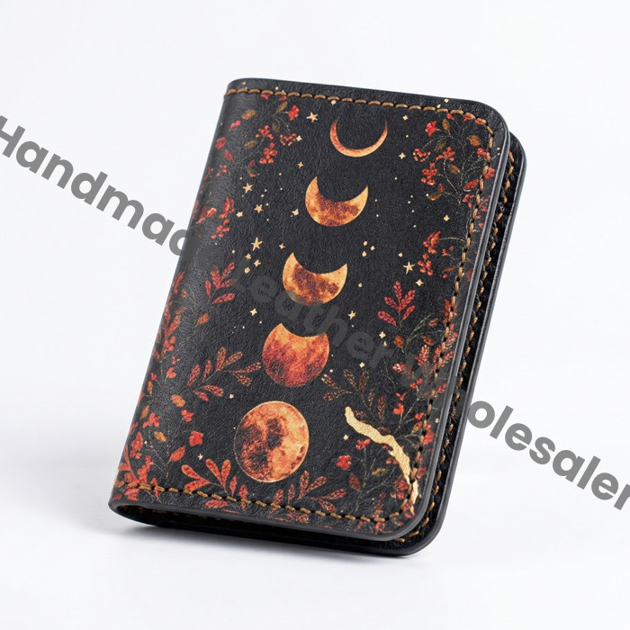 Moon Phase Leather Bifold Wallet, Personalized Card Holder
