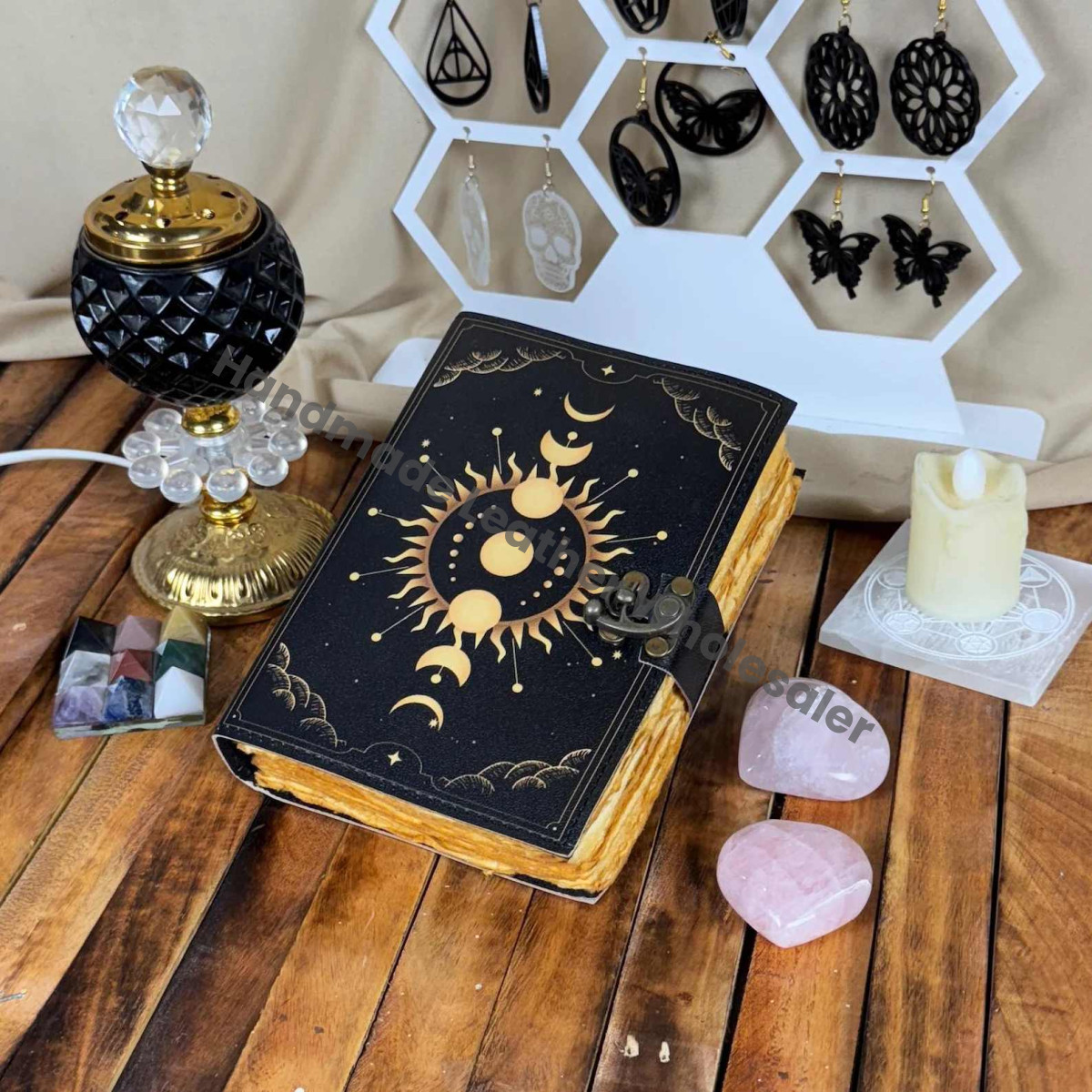 Moon Phase Leather Journal: Antique Handmade Deckle Edge Paper