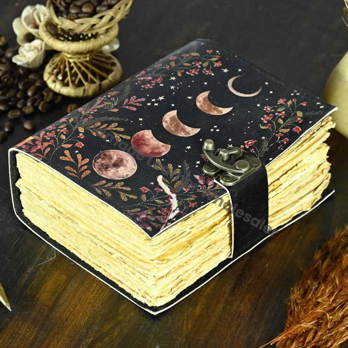 Moon Phase Leather Journal – Handmade Deckle Edge Paper