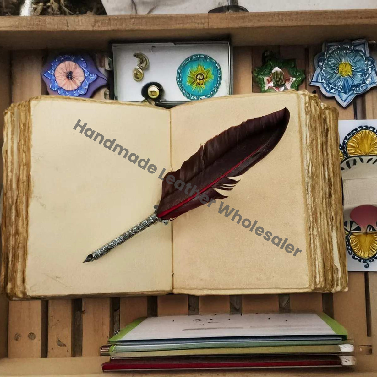 Moon Phase Leather Journal: Handmade Grimoire, Spell Book, Vintage Deckle Edge Paper