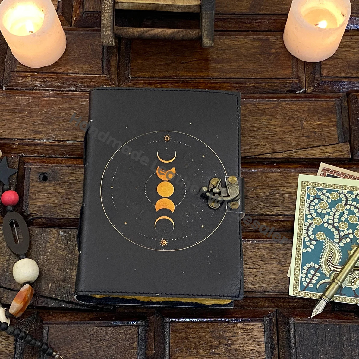 Moon Phase leather Journal notebook - Book of Shadows handstitched journal Grimoire Journal Handmade Journal With Deckle Paper Brass C lock