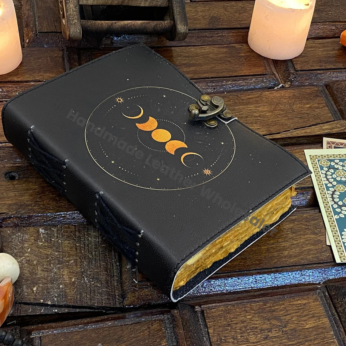 Moon Phase leather Journal notebook - Book of Shadows handstitched journal Grimoire Journal Handmade Journal With Deckle Paper Brass C lock