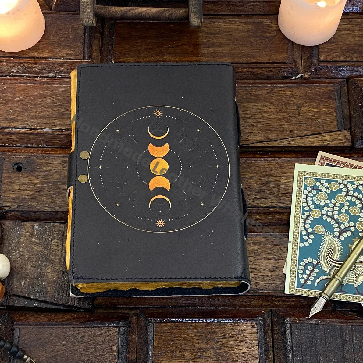 Moon Phase leather Journal notebook - Book of Shadows handstitched journal Grimoire Journal Handmade Journal With Deckle Paper Brass C lock