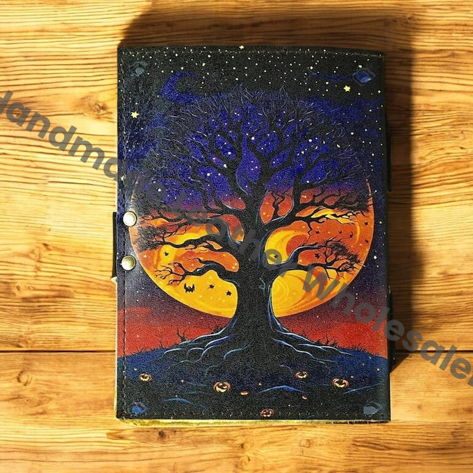 Moon Tree Leather Grimoire | Witchcraft Spellbook & Book of Shadows | Wiccan Pagan Journal | Gothic Occult Diary | Witchy Gift