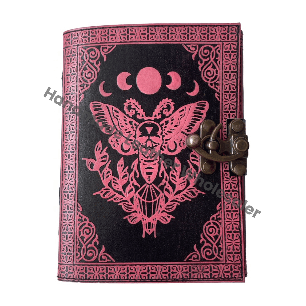 Moth Leather Antique Book of Spell Charmed Sun Moon Handmade Deckle Edge Paper Embossed Pink Black Vintage Sketchbook Planner